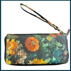 Black/Orange/Green Floral Zip Around Wristlet Vegan Leather Wallet